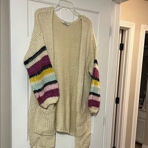 DAVI & DANI Cream Cardigan with Multicolor Striped Sleeves